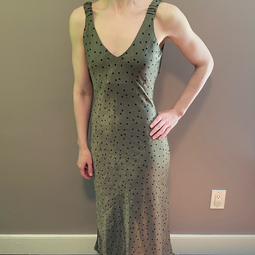 ZARA NWT Silky Material Summer Dress - Olive Green w Black Dots Size M